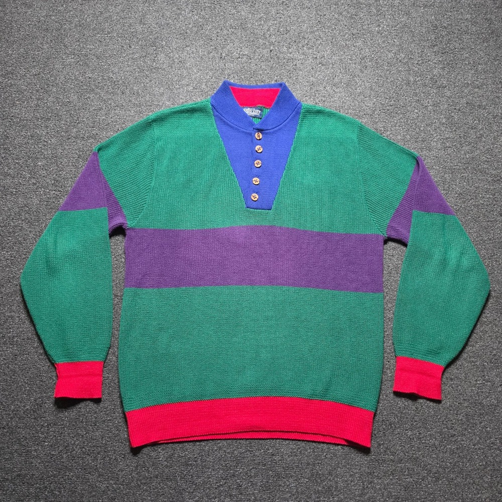 Vintage Lands End Sweater Multicolor Mens Medium Colorblock Henley Cotton USA